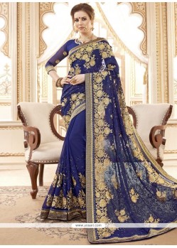 Embroidered Faux Georgette Classic Designer Saree In Navy Blue