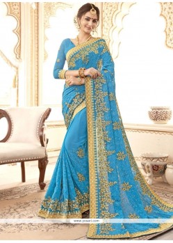 Blue Resham Work Faux Georgette Classic Designer Saree