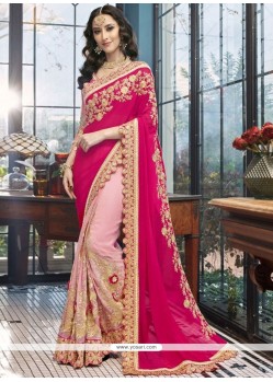 Faux Georgette Hot Pink And Pink Patch Border Work Half N Half Designer Saree