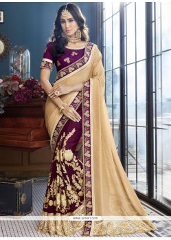 Patch Border Work Beige And Purple Designer Half N Half Saree