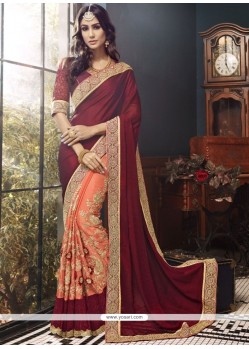 Maroon And Orange Designer Half N Half Saree