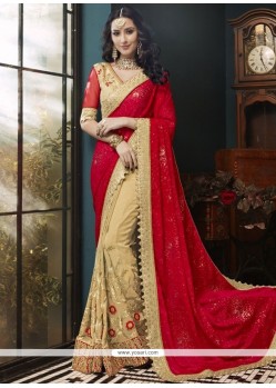 Beige And Red Faux Georgette Half N Half Designer Saree