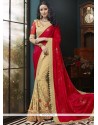 Beige And Red Faux Georgette Half N Half Designer Saree