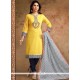 Yellow Print Work Chanderi Churidar Designer Suit