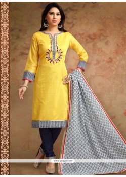 Yellow Print Work Chanderi Churidar Designer Suit