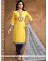 Yellow Print Work Chanderi Churidar Designer Suit