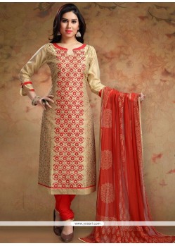 Print Work Beige And Red Chanderi Churidar Designer Suit