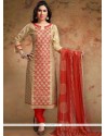 Print Work Beige And Red Chanderi Churidar Designer Suit