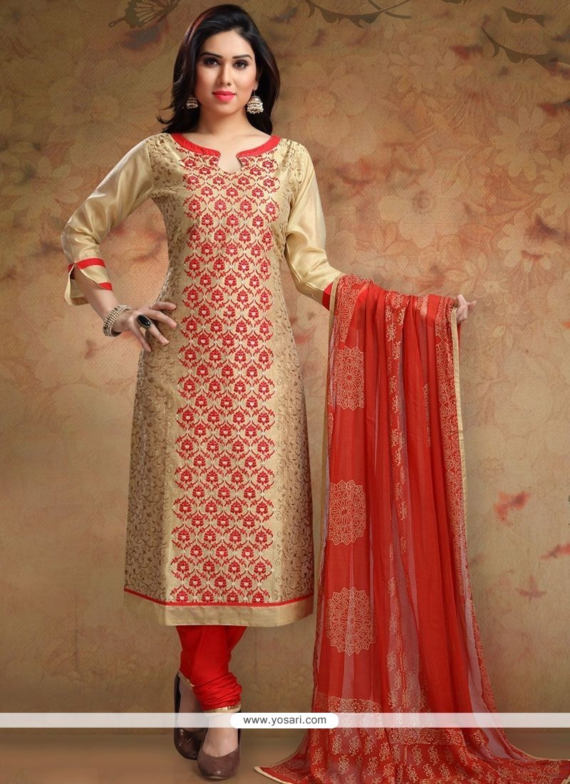 Buy Print Work Beige And Red Chanderi Churidar Designer Suit | Churidar ...