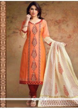 Orange Print Work Chanderi Churidar Designer Suit