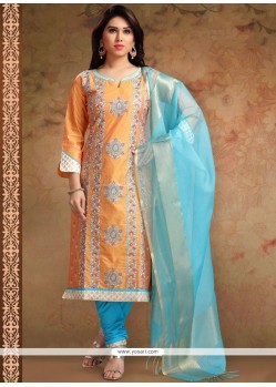 Print Work Chanderi Orange Churidar Designer Suit