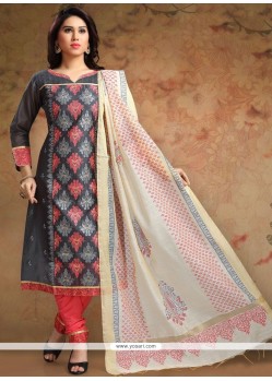 Chanderi Grey Print Work Churidar Designer Suit