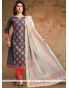 Chanderi Grey Print Work Churidar Designer Suit