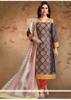 Grey Print Work Churidar Designer Suit