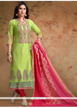 Chanderi Green Print Work Churidar Designer Suit