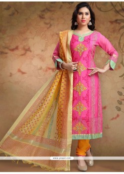 Hot Pink Print Work Churidar Designer Suit