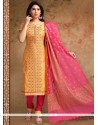 Chanderi Orange Print Work Churidar Designer Suit