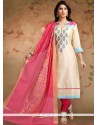 Cream And Pink Print Work Chanderi Churidar Designer Suit