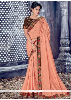 Peach Lace Work Silk Designer Saree