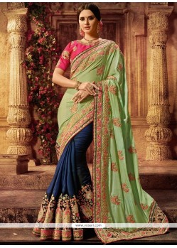 Navy Blue And Sea Green Designer Half N Half Saree