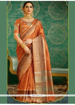 Silk Orange Embroidered Work Designer Saree