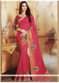 Hot Pink Patch Border Work Banglori Silk Traditional Designer Saree