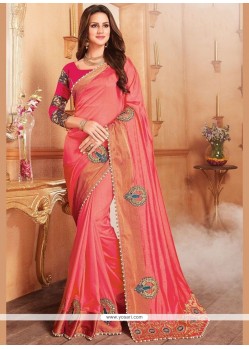 Rose Pink Embroidered Work Banglori Silk Designer Traditional Saree