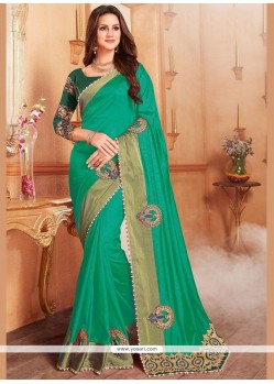 Banglori Silk Sea Green Patch Border Work Designer Traditional Saree