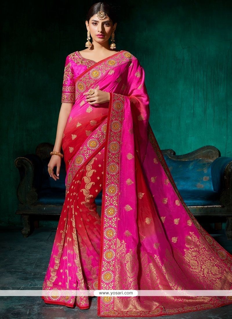 Buy Viscose Hot Pink Resham Work Designer Traditional Saree | Wedding ...