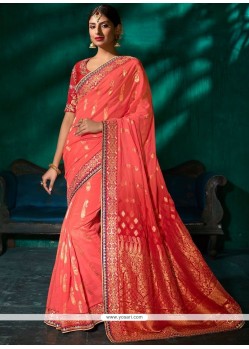 Pink Patch Border Work Viscose Traditional Designer Saree