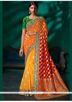 Orange And Yellow Patch Border Work Viscose Shaded Saree