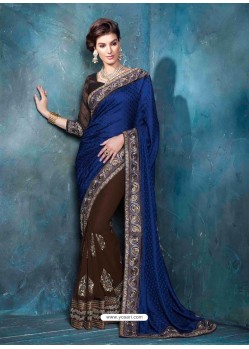Blue And Brown Raw Silk Designer Saree
