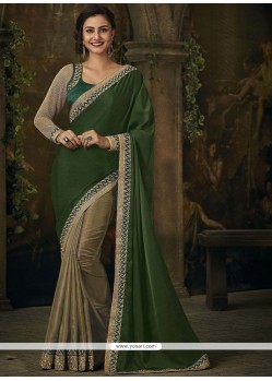 Embroidered Work Beige And Green Designer Half N Half Saree