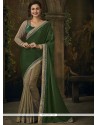 Embroidered Work Beige And Green Designer Half N Half Saree