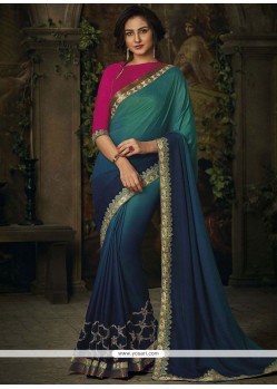 Navy Blue And Sea Green Patch Border Work Art Silk Shaded Saree