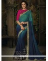 Navy Blue And Sea Green Patch Border Work Art Silk Shaded Saree