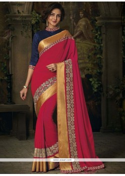 Jacquard Hot Pink Patch Border Work Traditional Saree