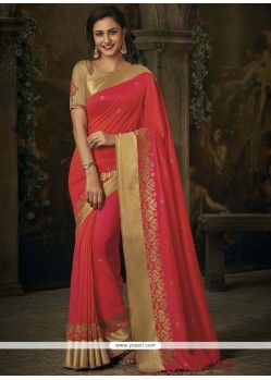 Jacquard Silk Rose Pink Patch Border Work Designer Traditional Saree