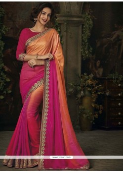 Hot Pink And Orange Patch Border Work Shaded Saree