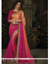 Hot Pink And Orange Patch Border Work Shaded Saree