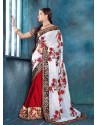 White And Red Raw Silk Designer Saree