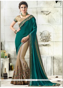 Embroidered Work Beige And Sea Green Art Silk Designer Half N Half Saree