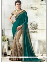 Embroidered Work Beige And Sea Green Art Silk Designer Half N Half Saree