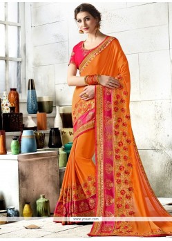 Orange Patch Border Work Art Silk Classic Designer Saree