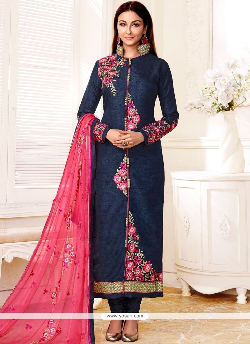 Buy Navy Blue Faux Georgette Designer Straight Suit | Straight Salwar Suits