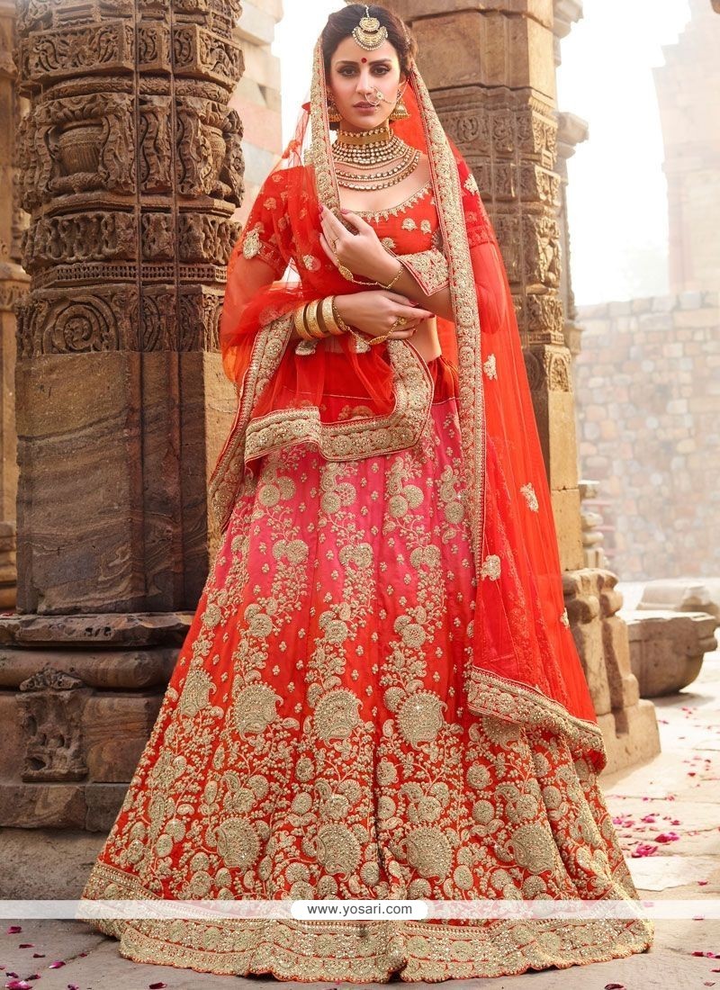 Photo of Bride in Orange Pink and Red Lehenga | Indian bridal fashion,  Indian bridal wear, Wedding lehenga designs