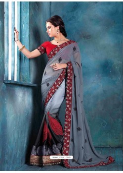 Grey Raw Silk Designer Saree