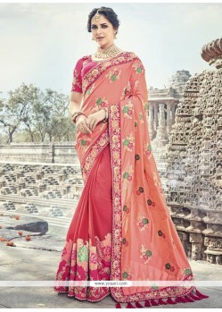 Hot Pink And Salmon Resham Work Banarasi Silk Designer Traditional Saree