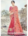 Hot Pink And Salmon Resham Work Banarasi Silk Designer Traditional Saree