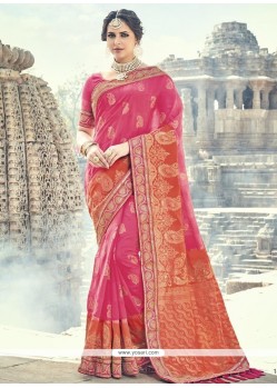 Hot Pink And Orange Patch Border Work Traditional Designer Saree